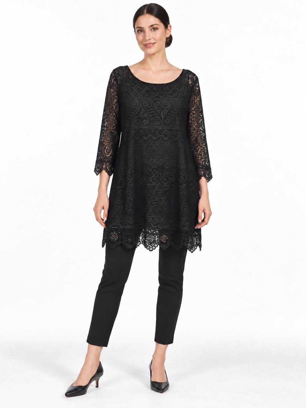 H&M Sheer Black Lace Scoop Neck 3/4 Sleeve Blouse w/ Built-In Black Camisole